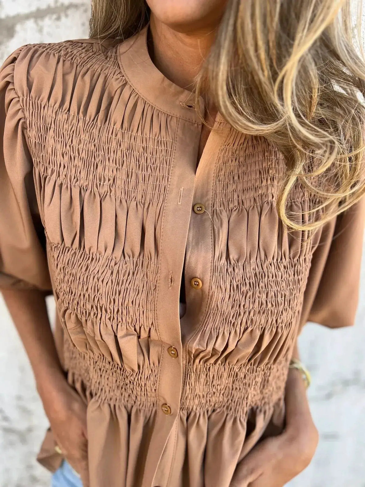 Full-size smocked puff-sleeve blouse in camel brown with front buttons