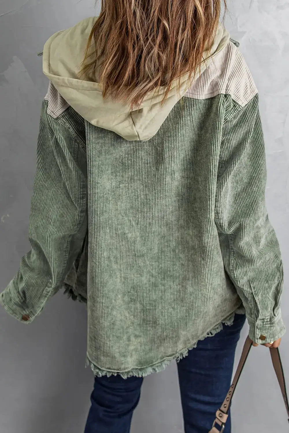 Snap Front Hooded Corduroy Shacket in olive green with beige hood, back view.