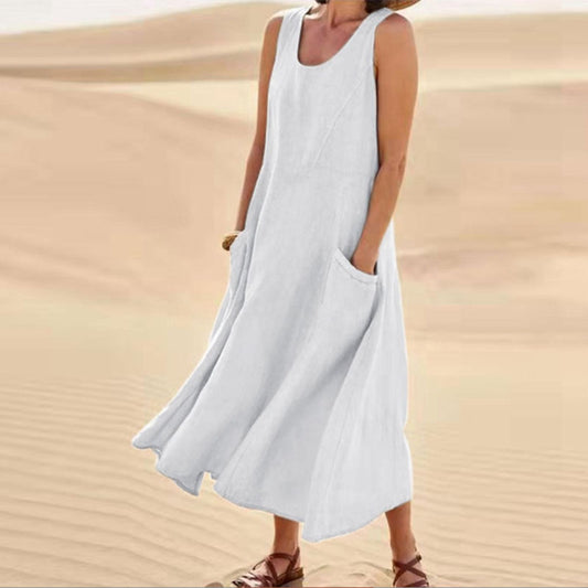 Vestido Largo de Verano sin Mangas con Bolsillos, Vestidos Casuales Sueltos de Moda, Ropa de Mujer