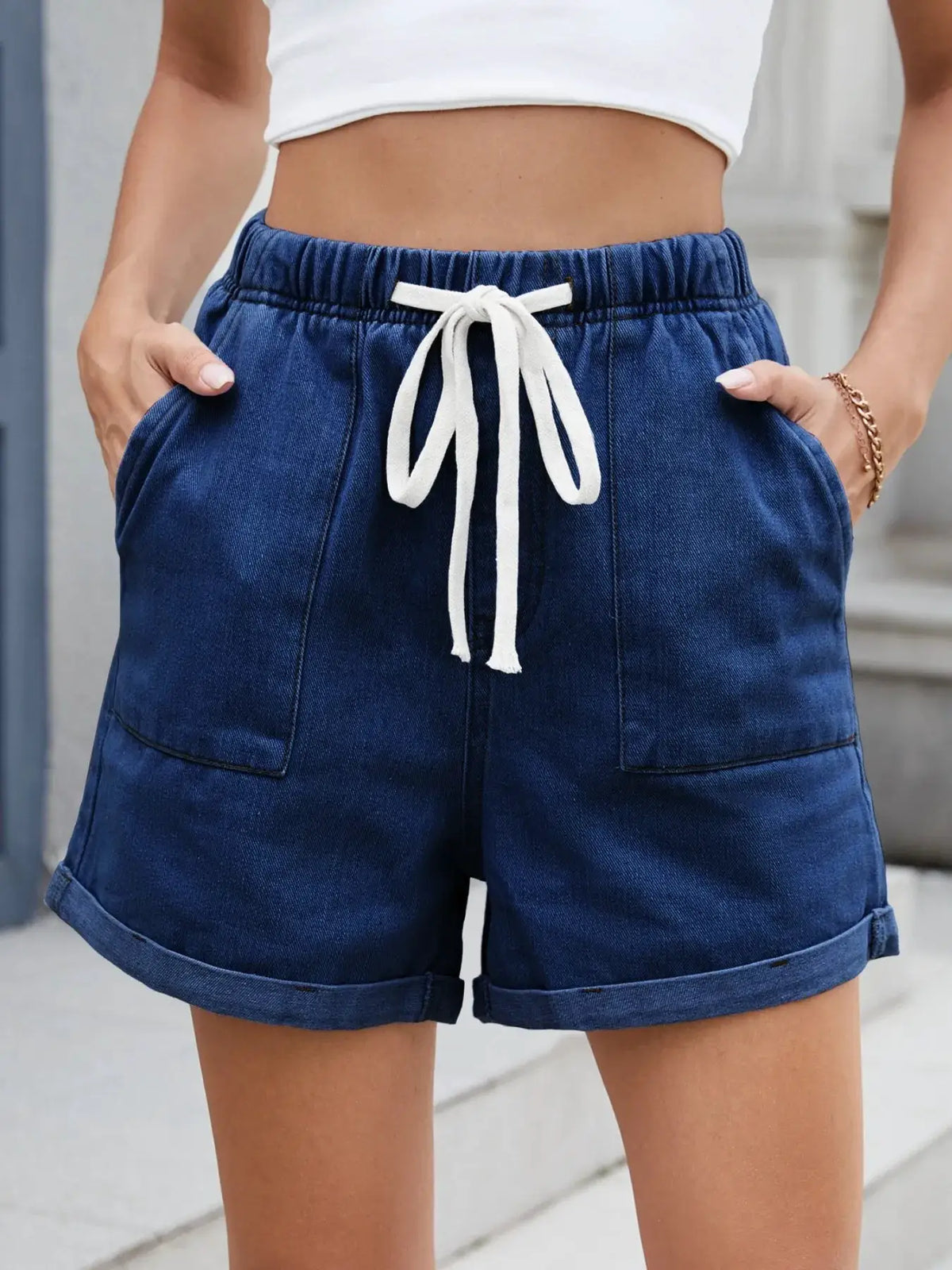 Soft Washed Drawstring Shorts for Women in navy rayon with white drawstring by Trendsi