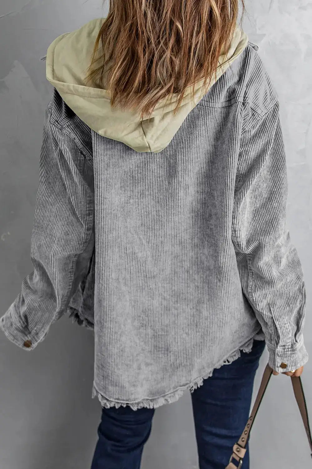 Snap Front Hooded Corduroy Shacket in gray with beige hood lining