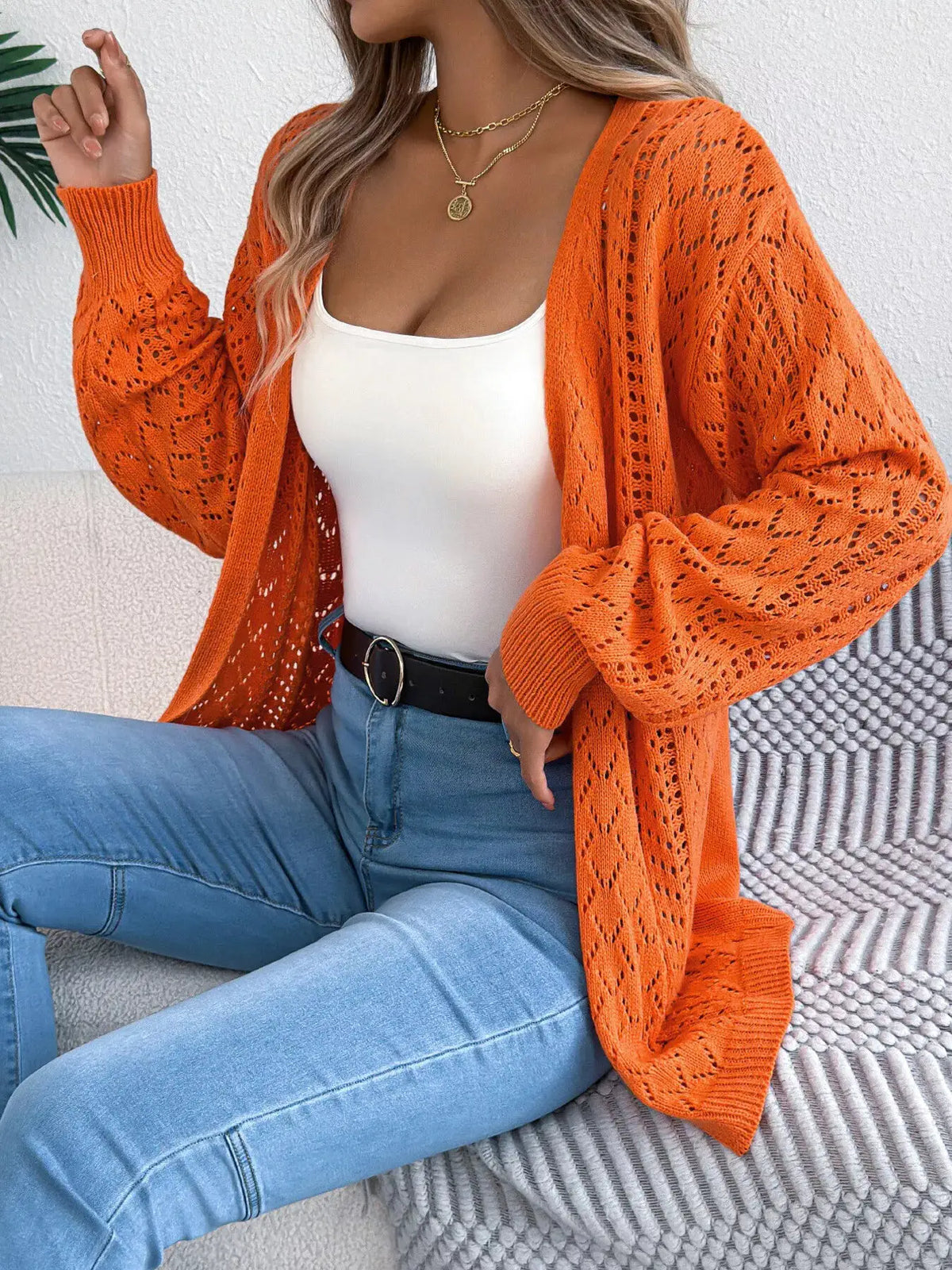Openwork long-sleeve cardigan for women in orange stretch knit by Trendsi