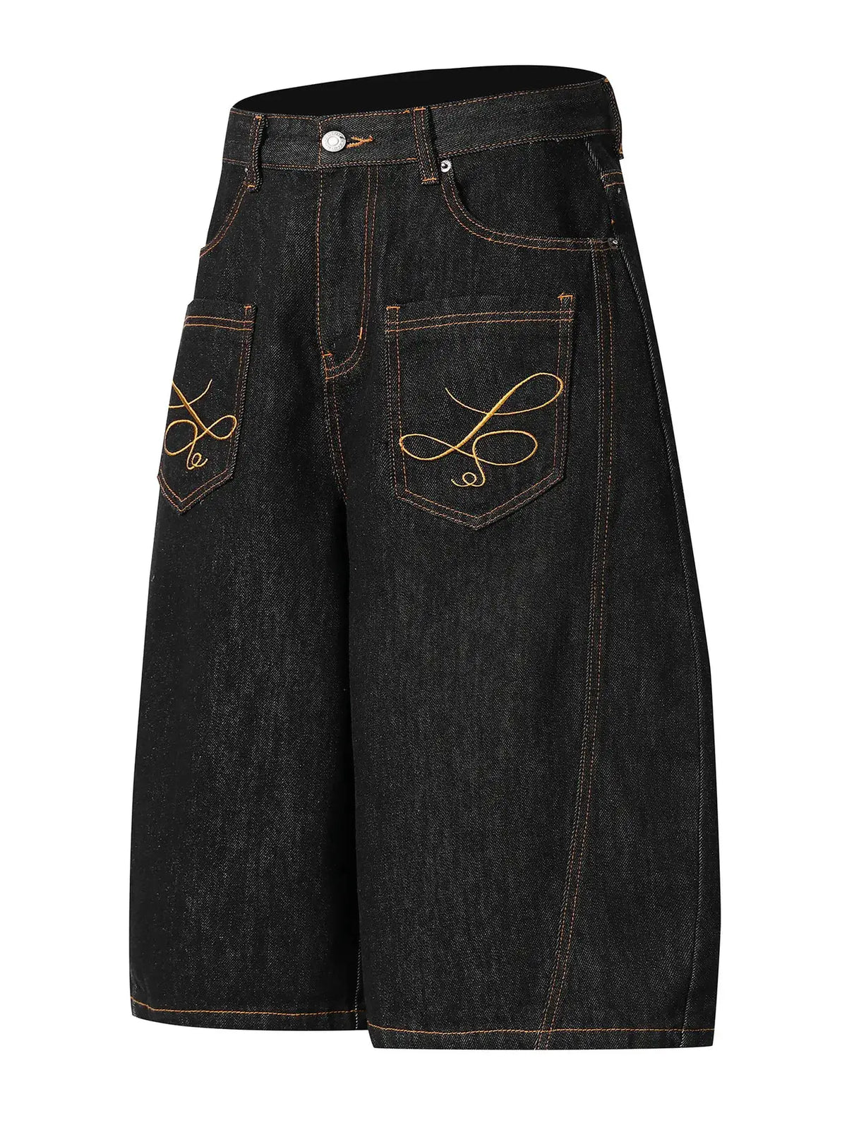 Men's wide-leg denim shorts with embroidered back pockets; black cotton-blend denim with orange stitching.