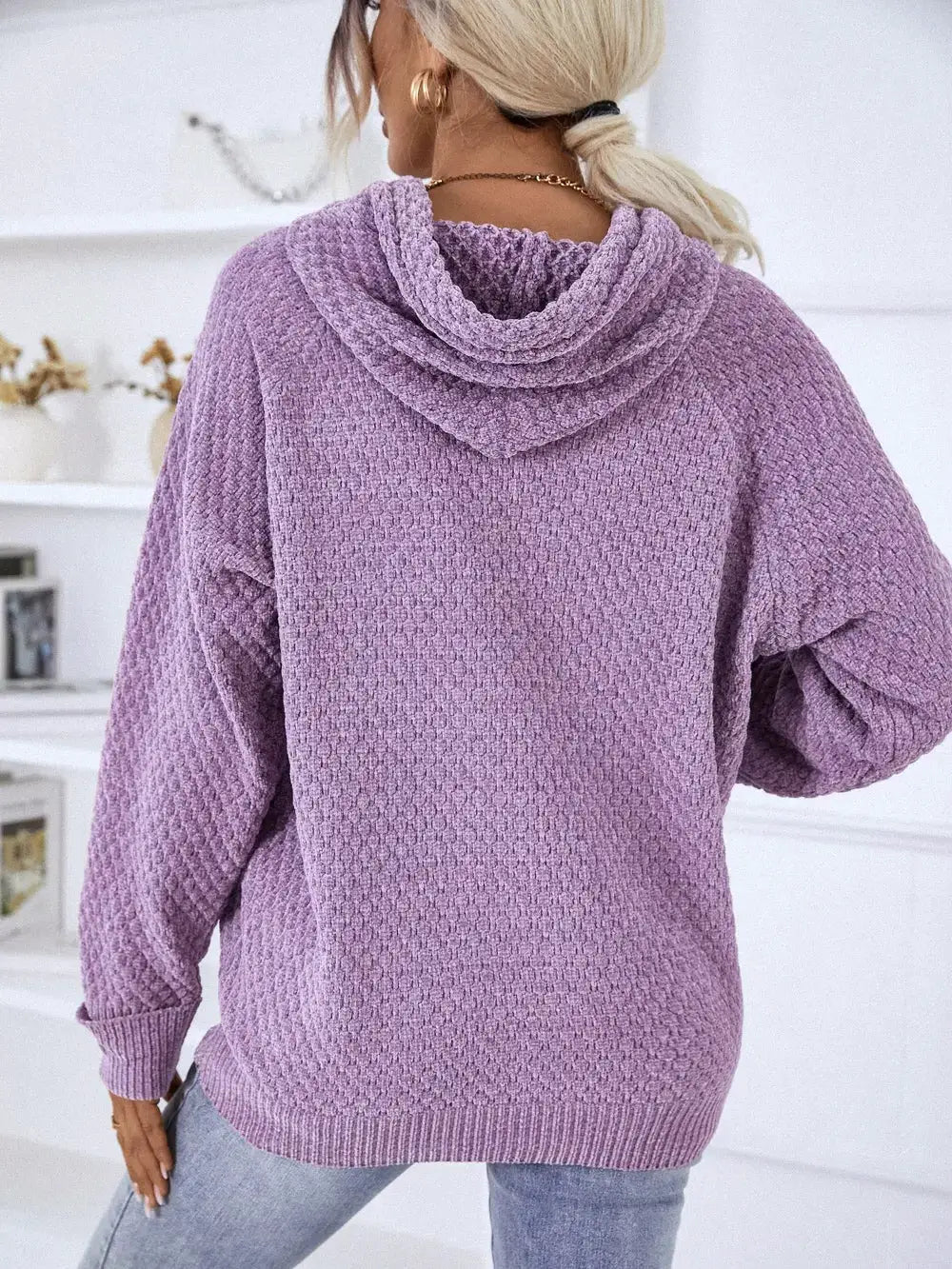 Textured lavender hooded sweater, oversized knit with long sleeves