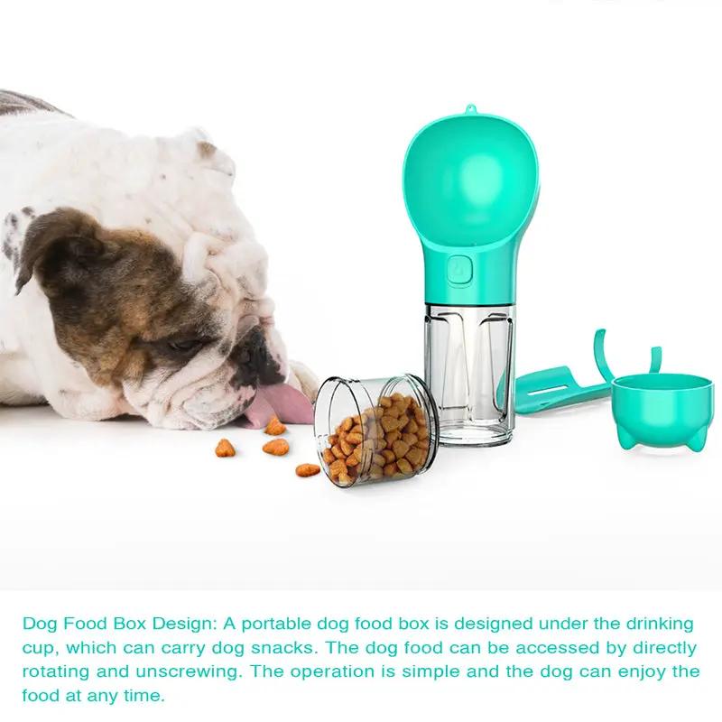 3-in-1 dog water bottle feeder by AdTec with food storage and turquoise travel bowl