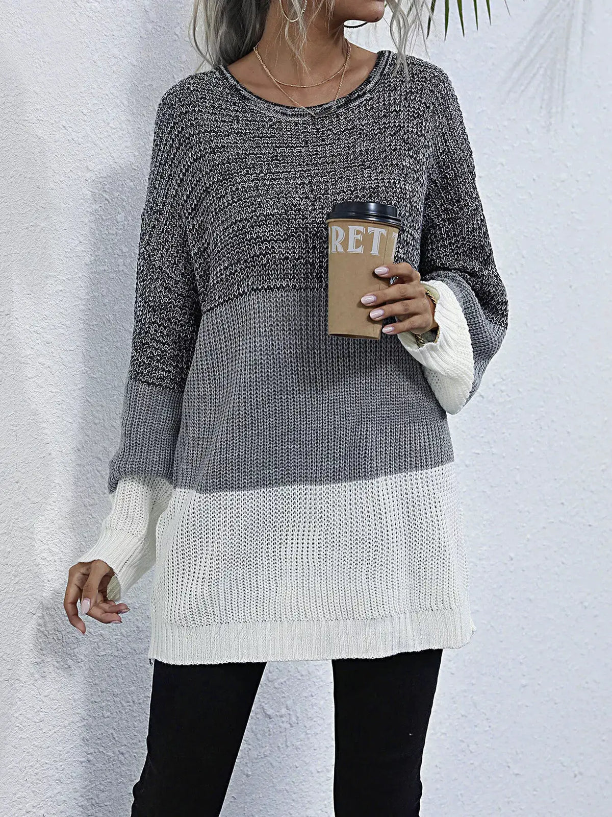 Color-block oversized sweater; charcoal, gray, and white knit with round neck