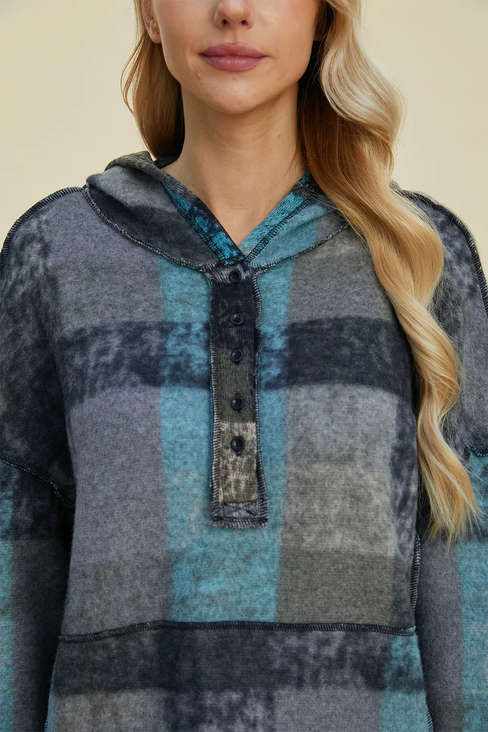 Trendsi Double Take plaid fleece hoodie, full-size, dropped-shoulder, teal and gray plaid