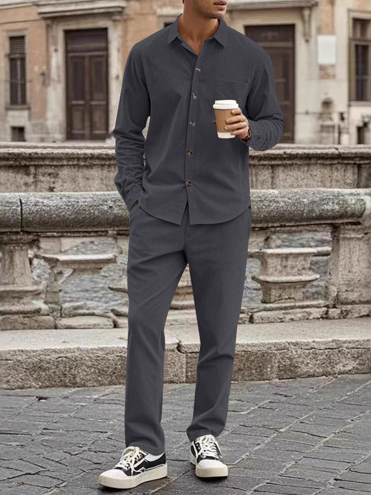 Trendsi men's 2-piece plus-size button-up long-sleeve shirt and pants set in charcoal grey pinstripe