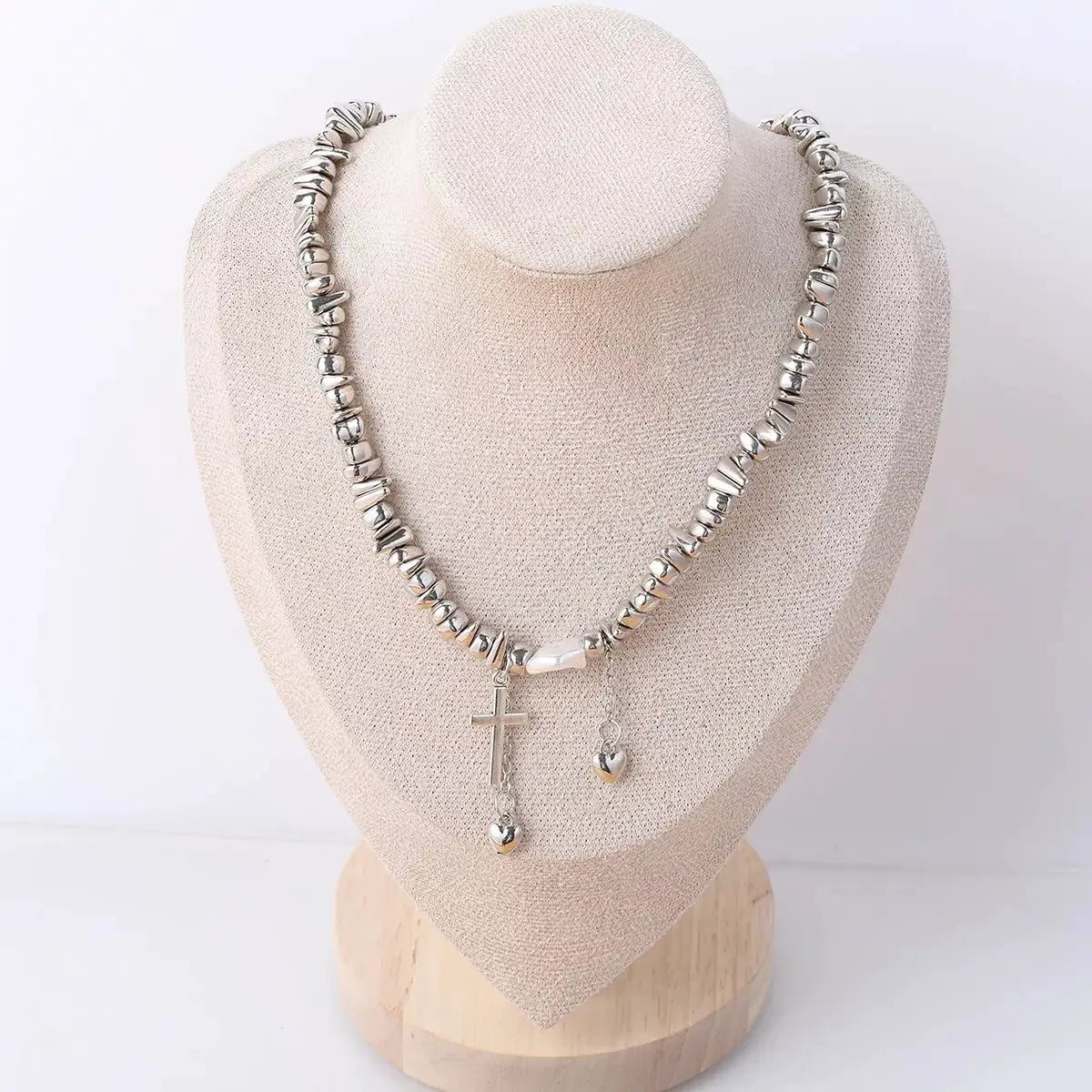 Chunky silver-tone chain cross pendant necklace with heart charm, Trendsi