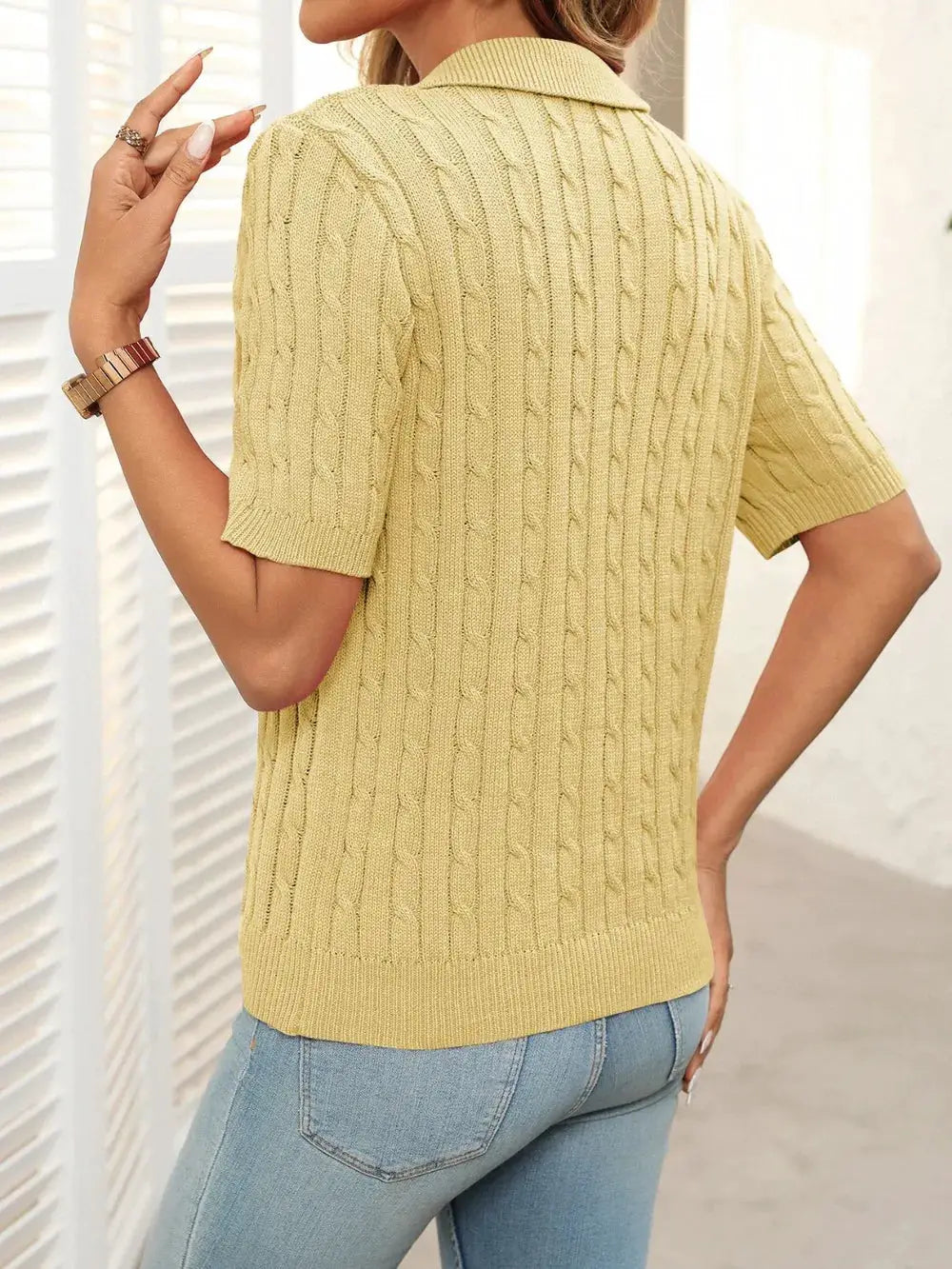 Soft cable-knit half-sleeve yellow pullover top for women