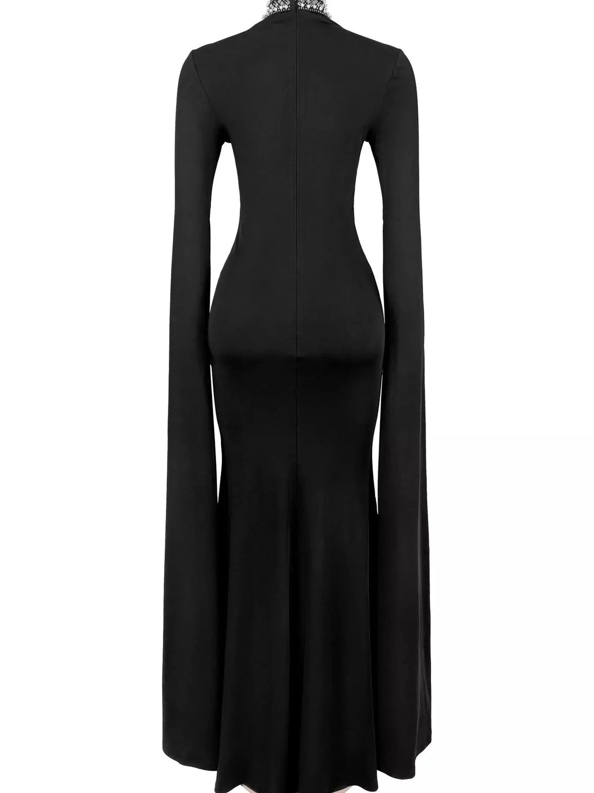 Rhinestone Slit Flare Sleeve Cape Maxi Dress, black, back view with fitted waist and long sleeves.
