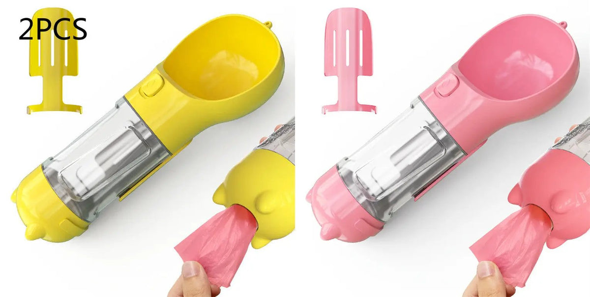 AdTec 2-pack pet water bottle feeder bowl with built-in waste bag storage, yellow and pink