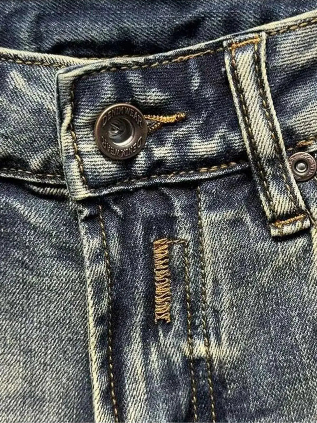 Mens washed blue denim stretch shorts with metal button and belt loops; relaxed fit