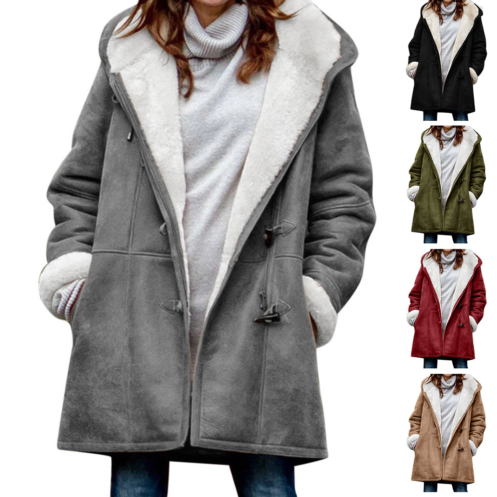 Women's vintage winter coat in gray with plush white shearling lining; toggle-front design, five color options shown.