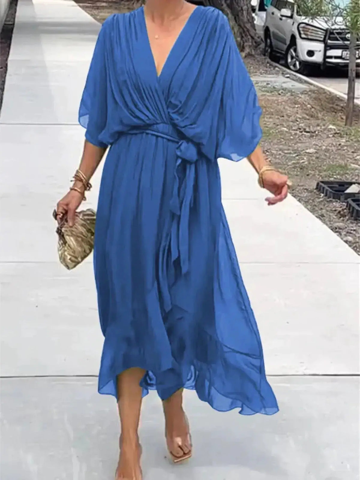 Trendsi plus-size flowy blue tie-front midi dress with flutter sleeves