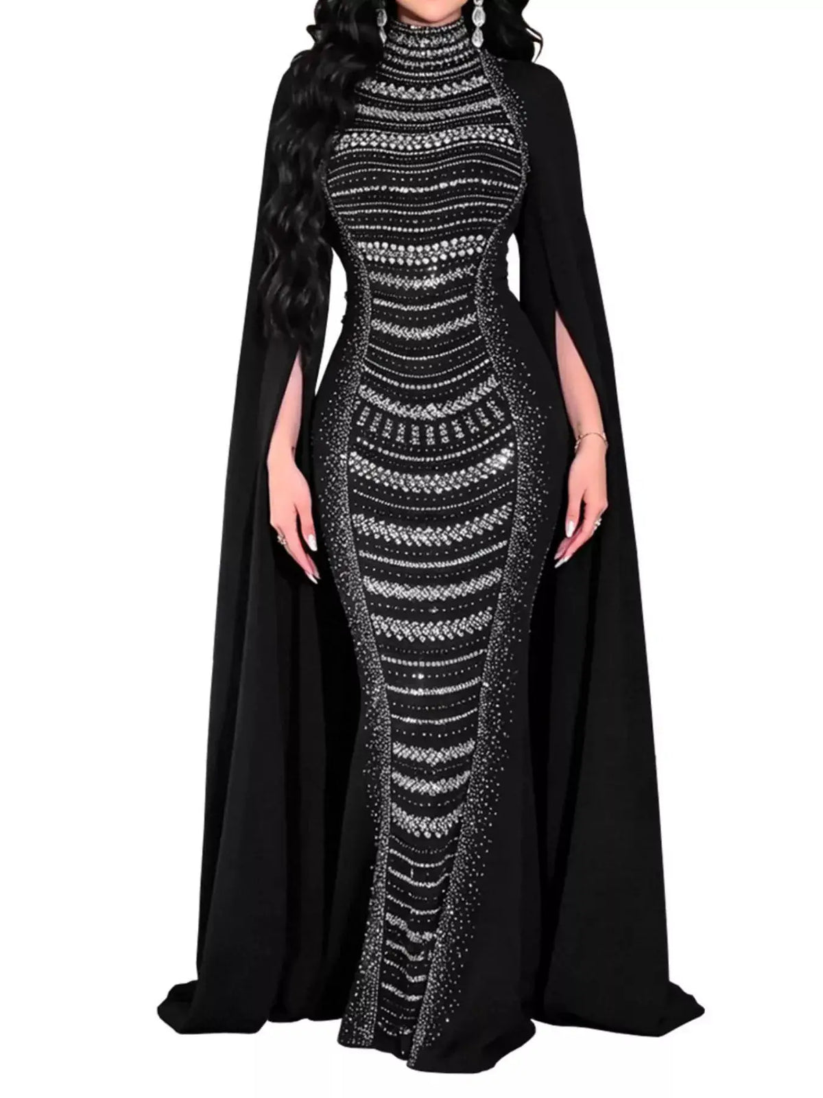 Rhinestone Slit Flare Sleeve Cape Maxi Dress in black with silver rhinestone detailing