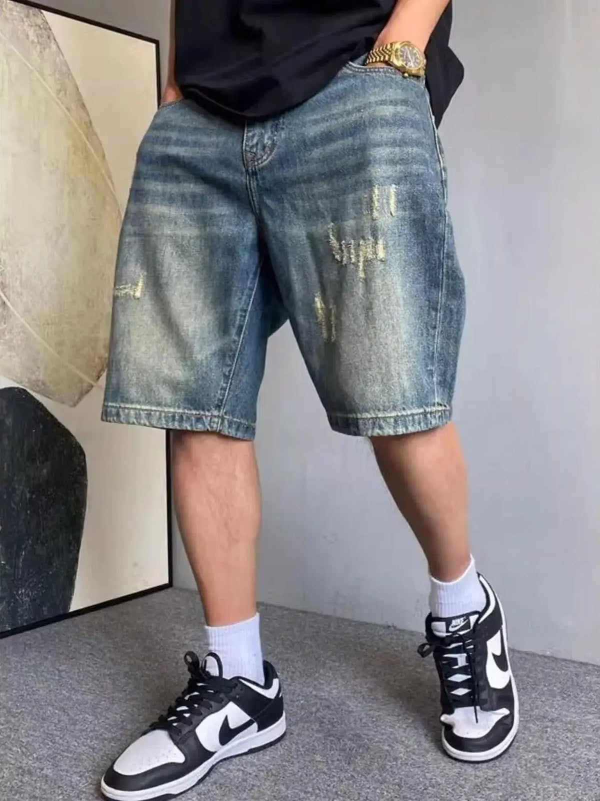 Mens vintage washed distressed denim shorts with gentle stretch, blue denim, by Trendsi