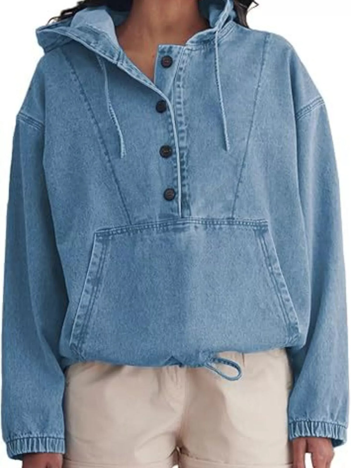 Casual hooded denim jacket with front kangaroo pocket and drawstring hem in blue denim.