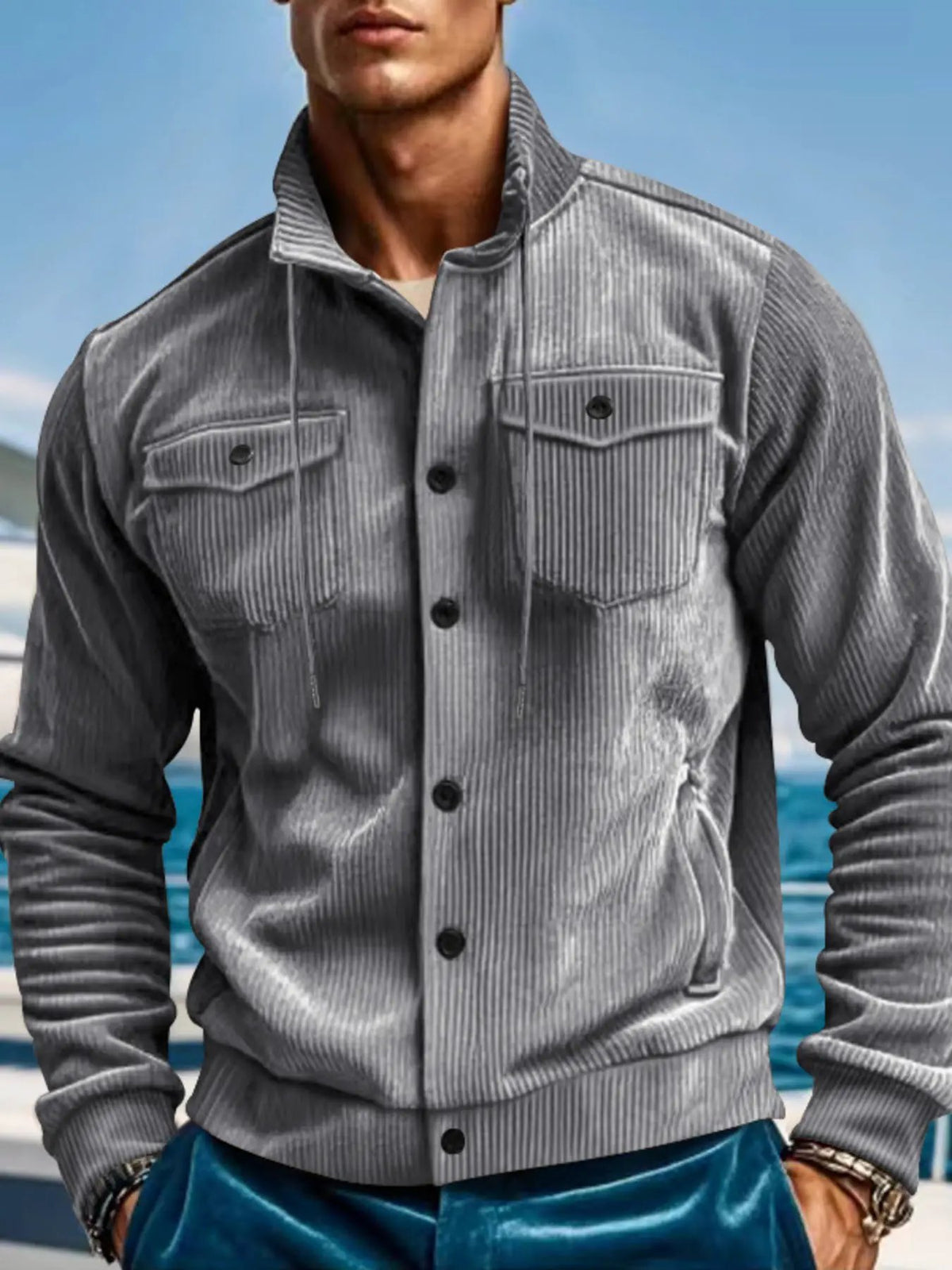 Men's gray corduroy button-up jacket with chest pockets, plus size