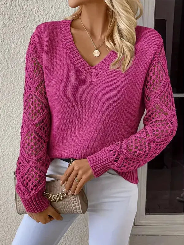 Womens pink V-neck knit sweater with hollow-out lattice sleeves, polyester, by Trendsi