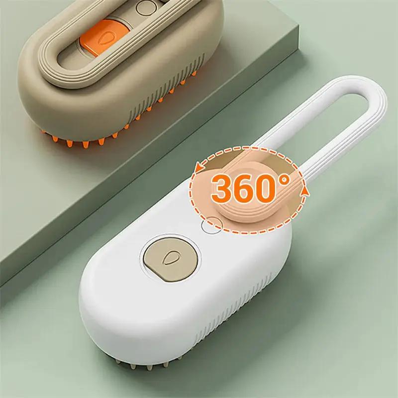 Two 3-in-1 electric pet grooming brushes with 360-degree rotating heads; white and beige/orange models.