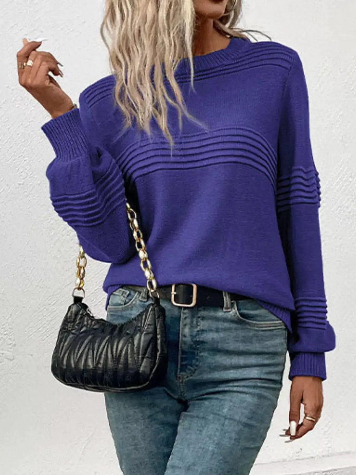 Cozy acrylic round-neck long-sleeve sweater with stretch fit in purple, ribbed yoke detail.