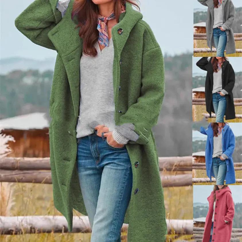 Womens heavy tweed winter coat in green with textured finish; also shown in gray, black, blue, pink (5 colors).