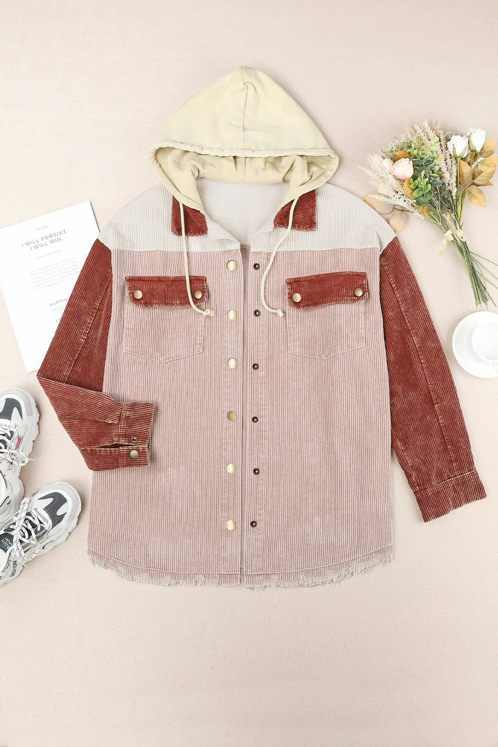 Trendsi corduroy shacket with hood; pink body, red sleeves, beige hood, gold snaps, chest pockets