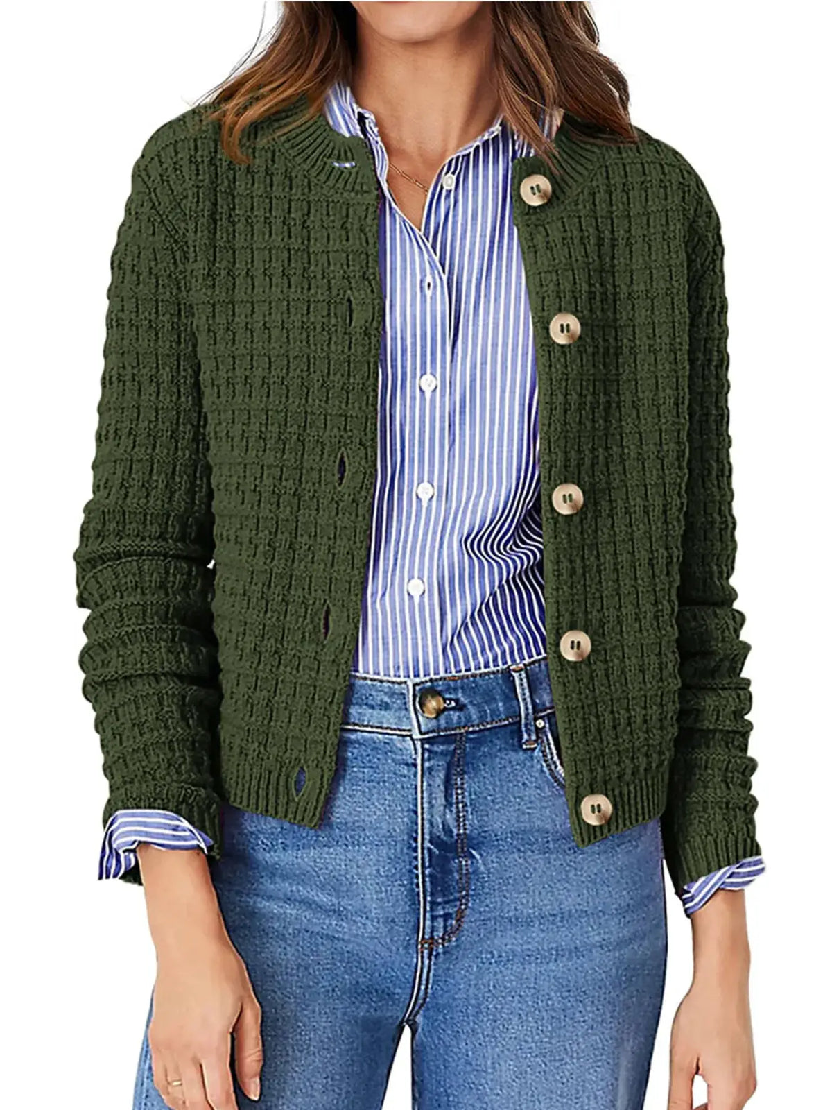 Textured stretchy knit button-front cardigan in olive green with wooden buttons