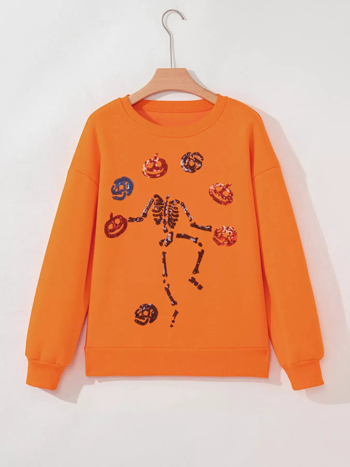 Dancing Critters Sequin Halloween Crewneck Sweatshirt in orange with sequined skeleton and pumpkin motifs