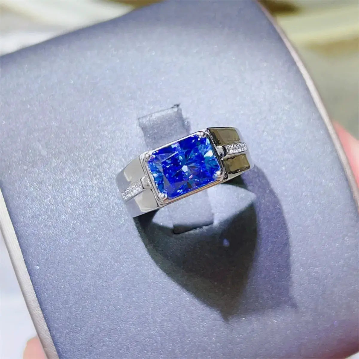 2 Carat Moissanite 925 Sterling Silver Ring with blue gemstone