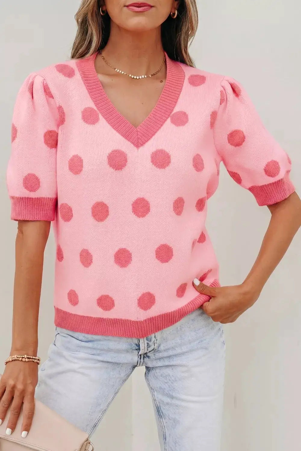 Chic pink polka-dot puff-sleeve knit sweater top with gentle stretch
