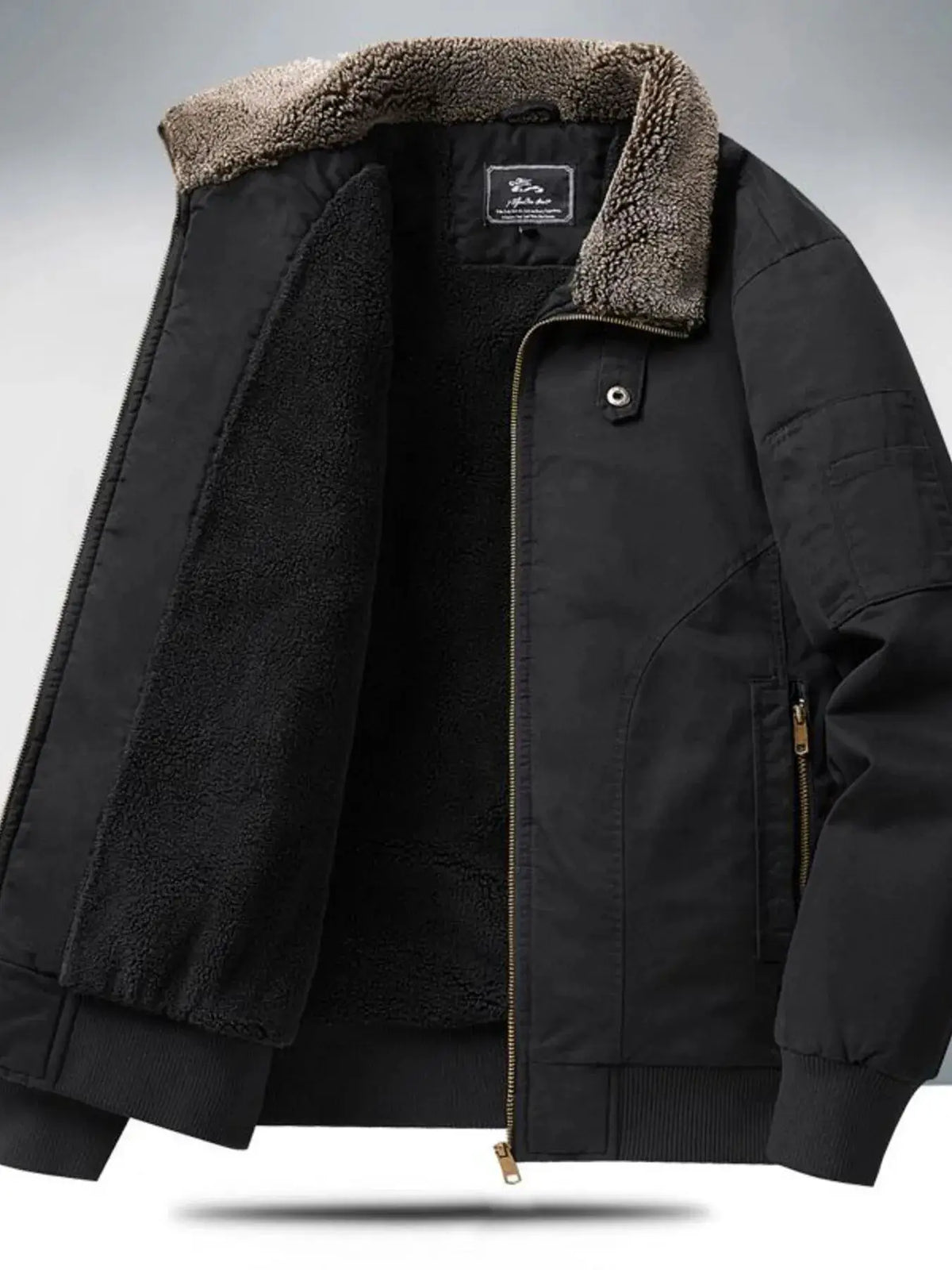 Men's plus-size Sherpa-lined zip-up jacket in black with tan sherpa collar by Trendsi