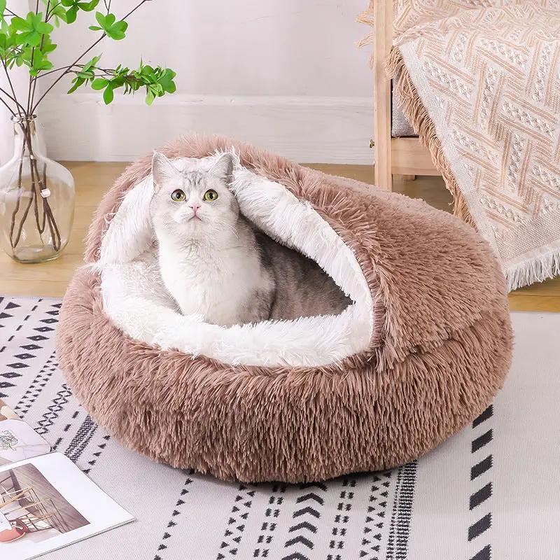 Deep Sleep Half-pack semi-enclosed plush round pet bed, brown with white fluffy inner rim, cat inside.