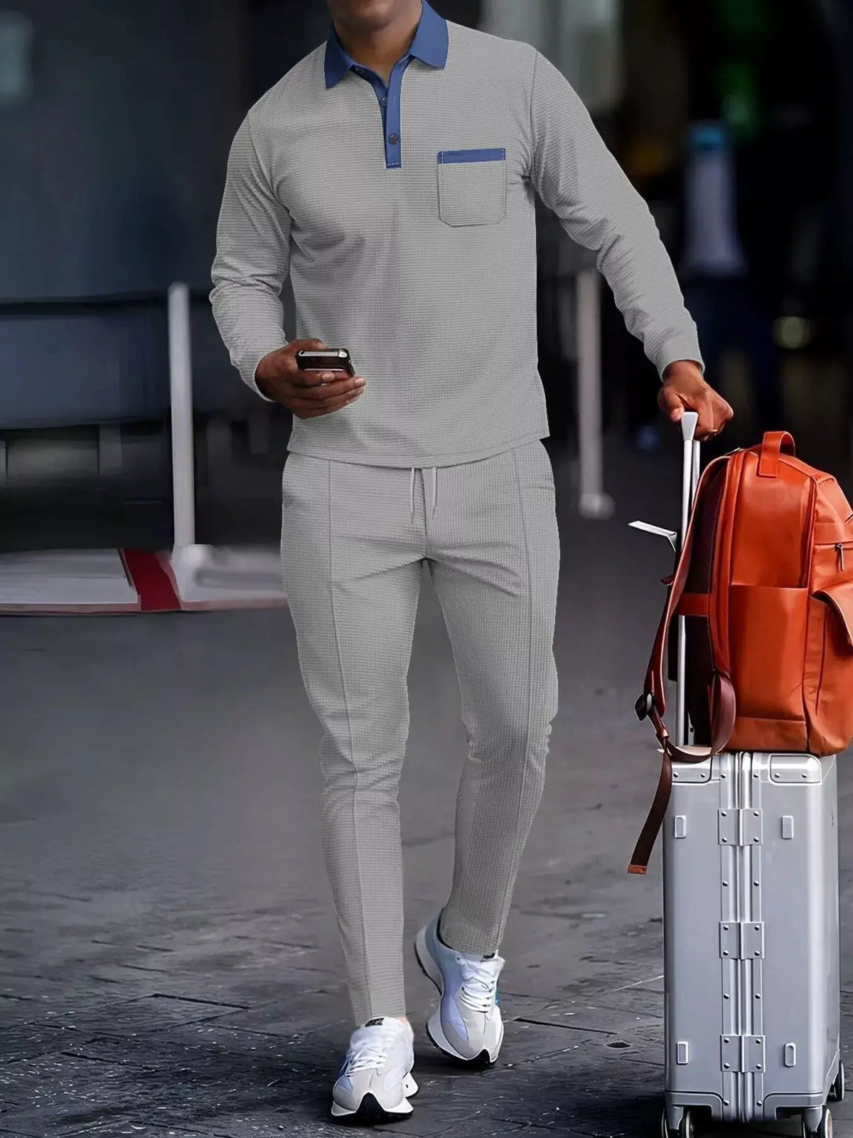 Men's long-sleeve two-piece set in light gray check with blue collar and pocket trim; stretchy plus-size top and pants.