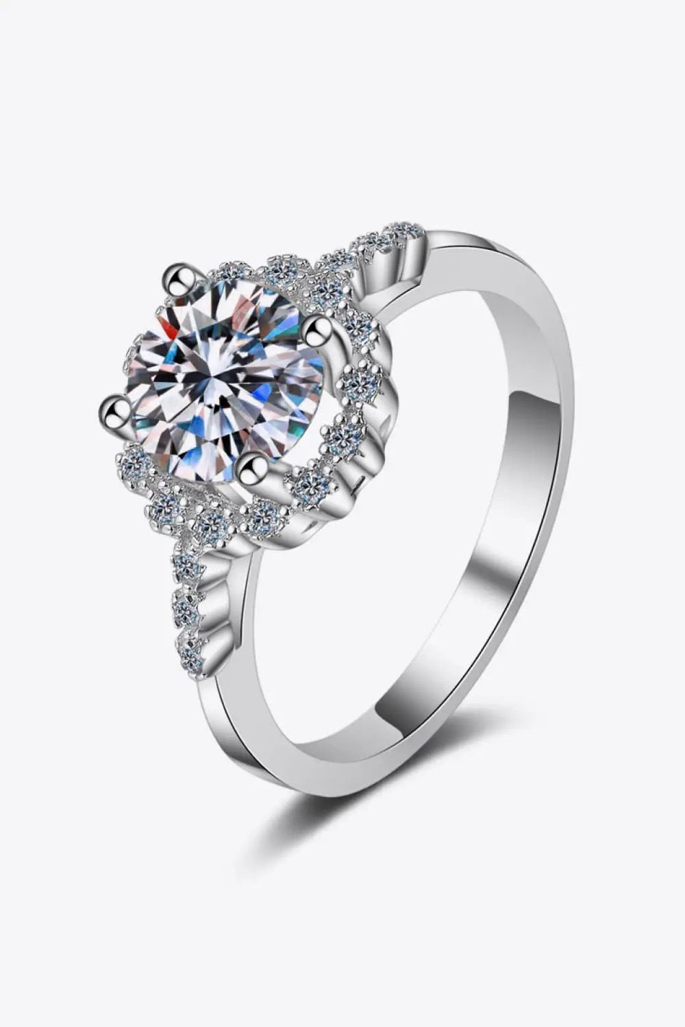 1 Carat Moissanite Rhodium-Plated Halo Ring with a central stone and sparkling halo, Trendsi engagement ring