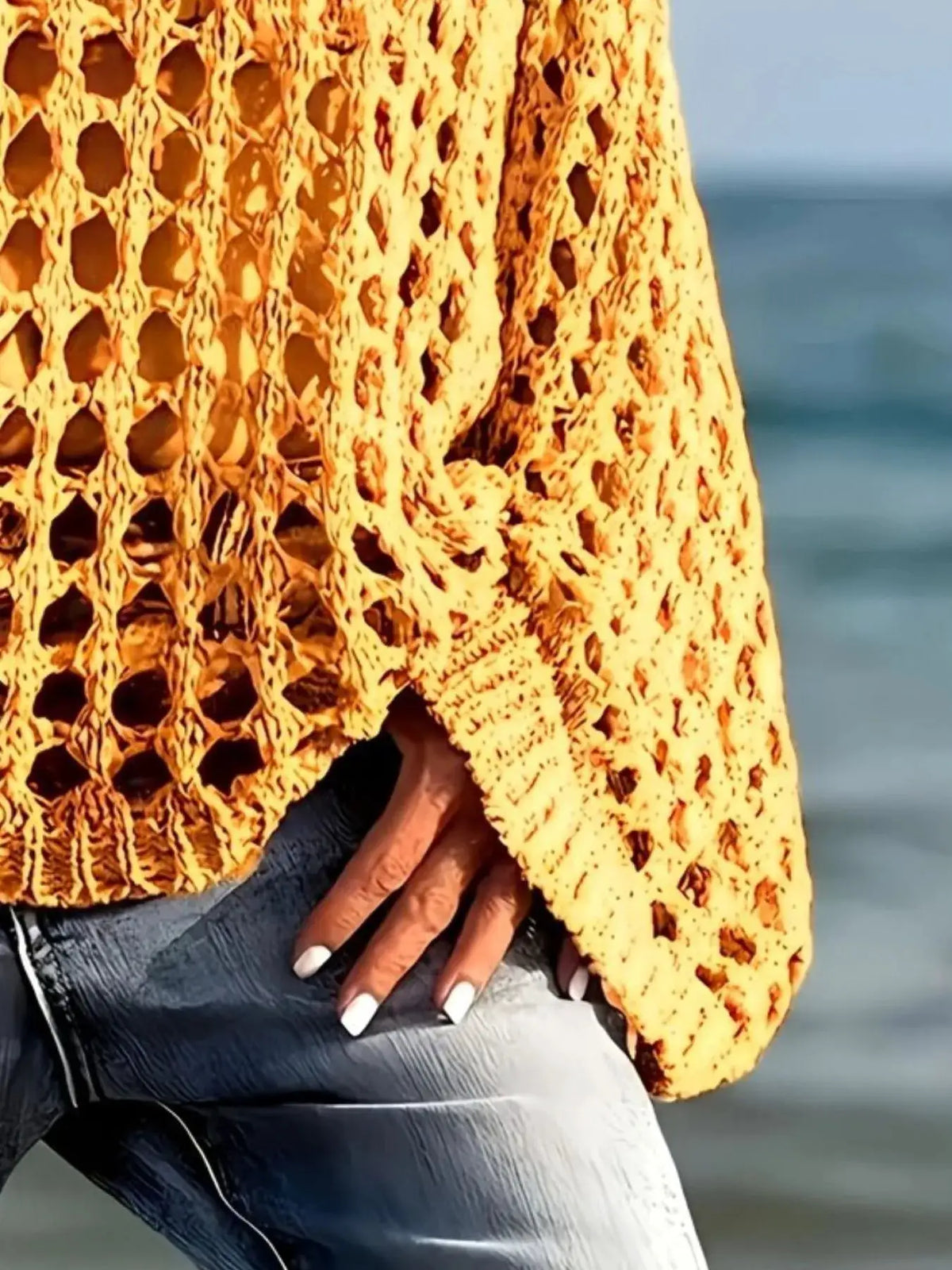 Lightweight crochet long-sleeve knit cover-up, orange oversized beach cardigan by Trendsi