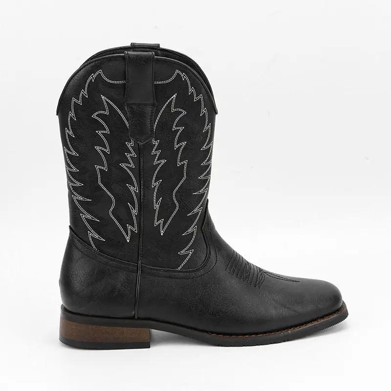 AdTec Maverick men's mid-calf western boot with wedge heel, black leather with white contrast stitching.