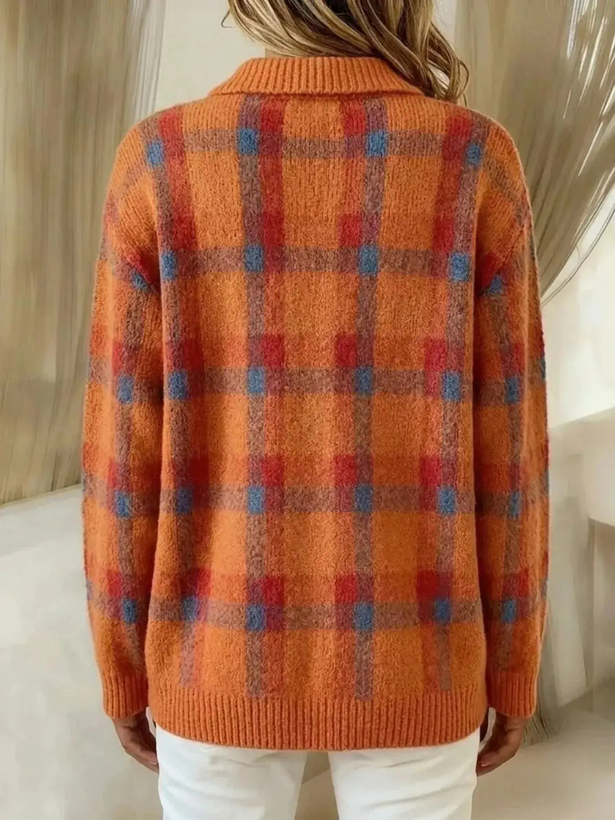 Stretchy plaid button-front acrylic knit cardigan in orange with blue and red plaid accents, Trendsi