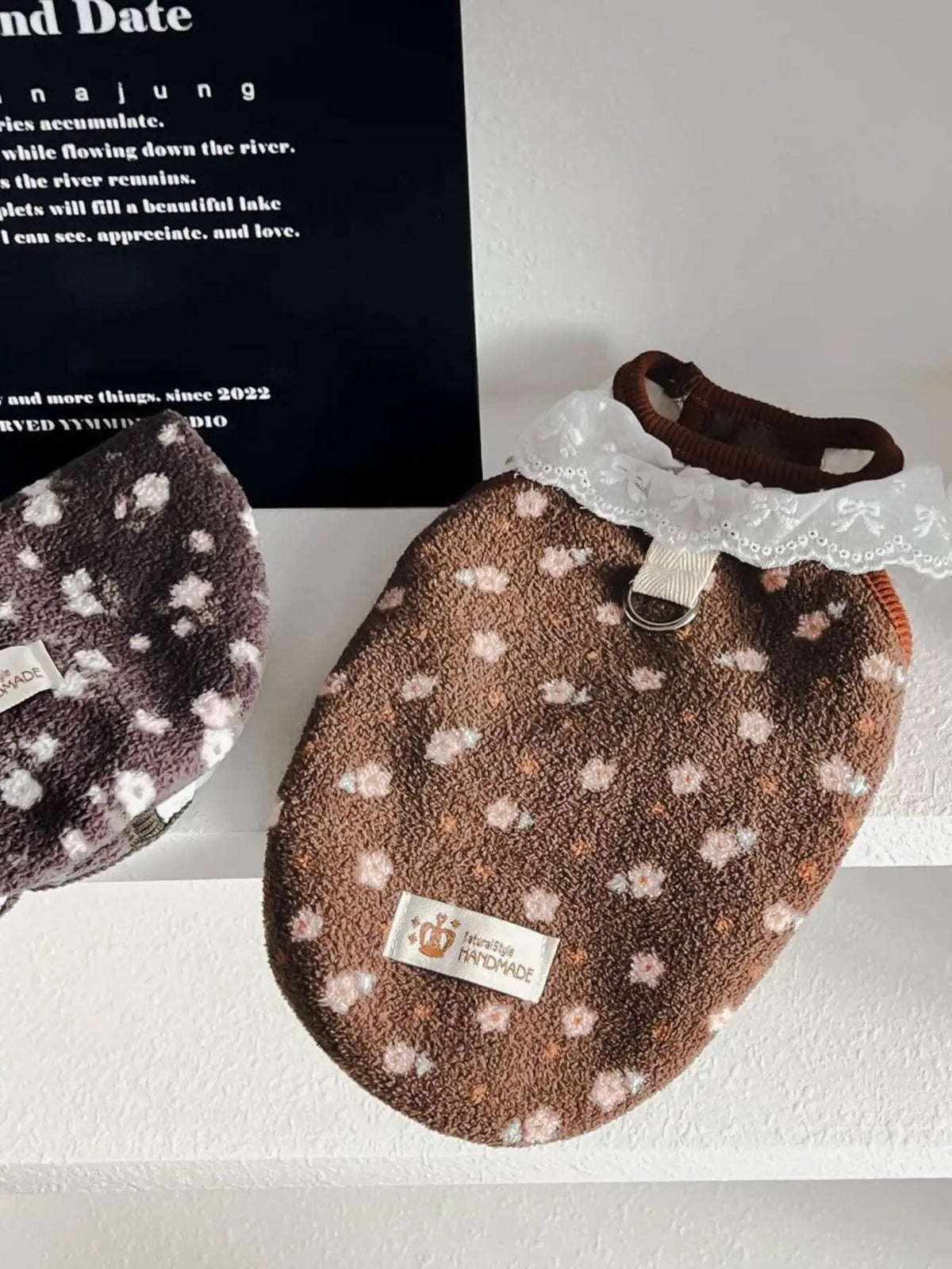Fleece pet top with lace collar; brown and purple polka-dot styles (2-pack)