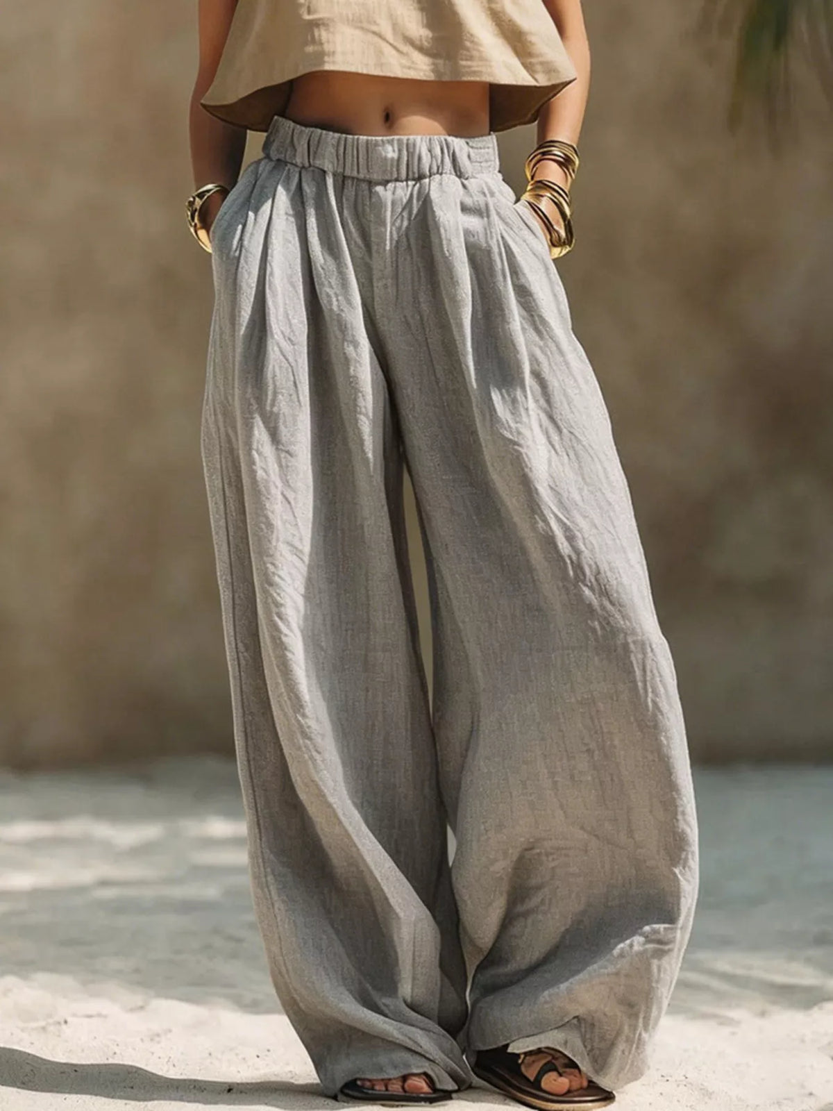 Full Size Elastic Waistband Wide Leg Palazzo Pants by Trendsi, plus size, with drawstring and pockets, light gray