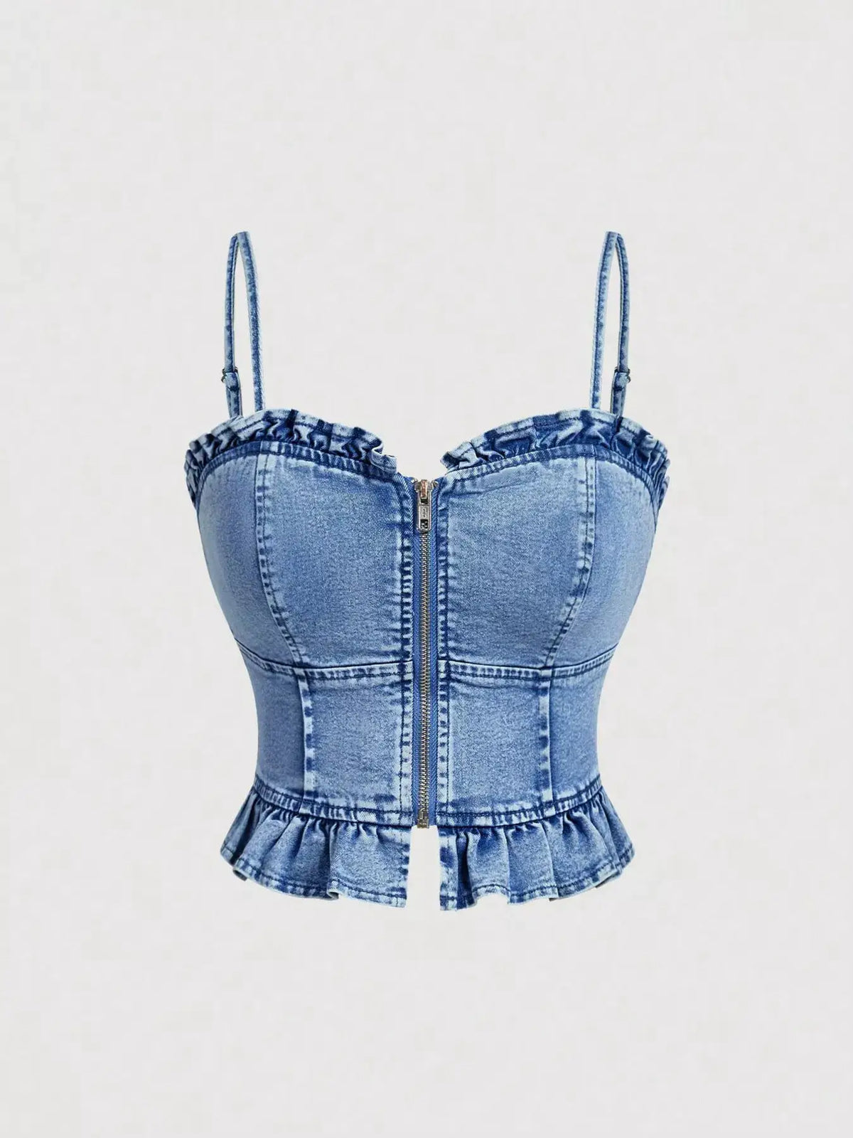 Sweetheart-neck denim cami top in blue with front zipper