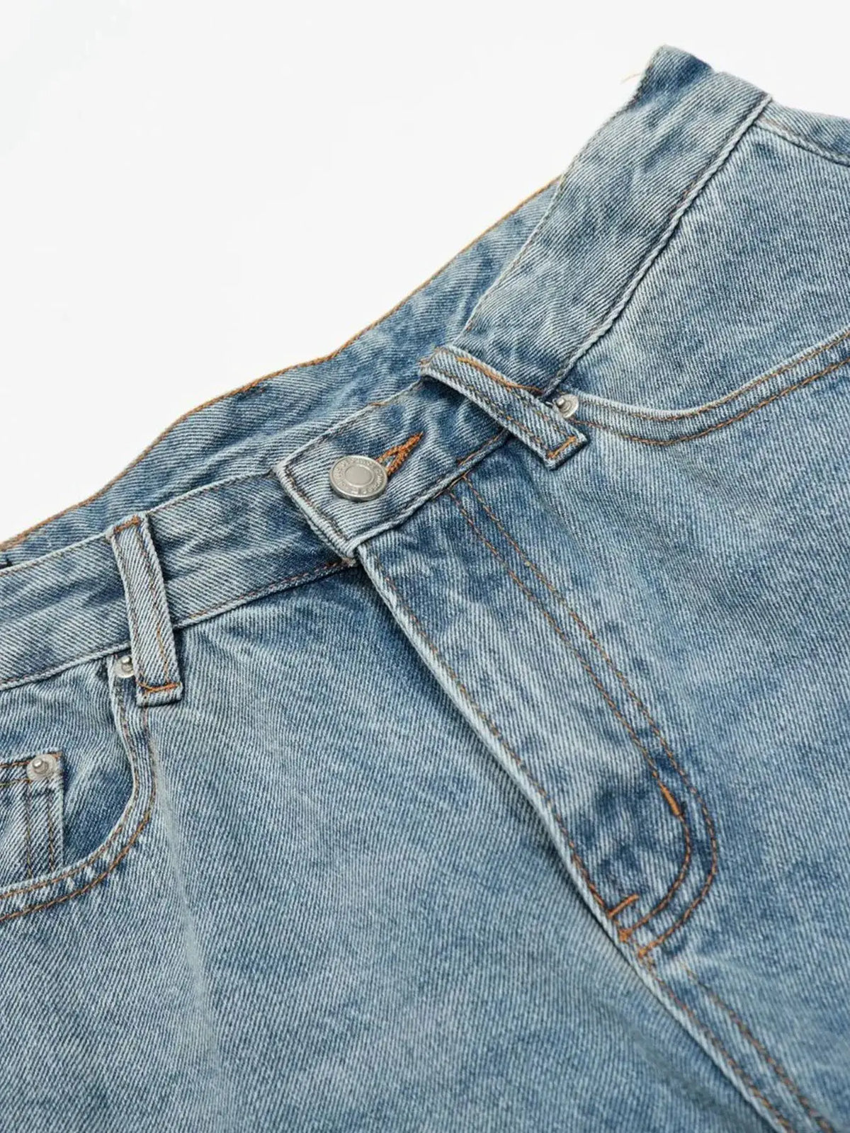 Mens denim shorts close-up of blue cotton denim waistband with belt loops