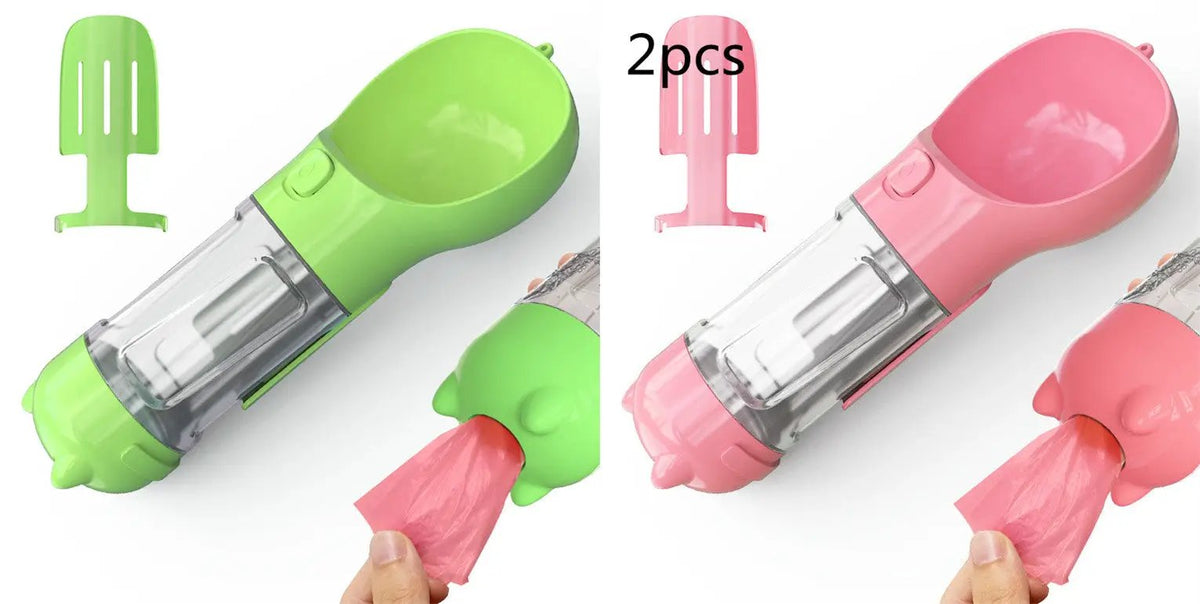 3-in-1 pet water bottle with feeder bowl and garbage bag storage, green and pink 2-pack