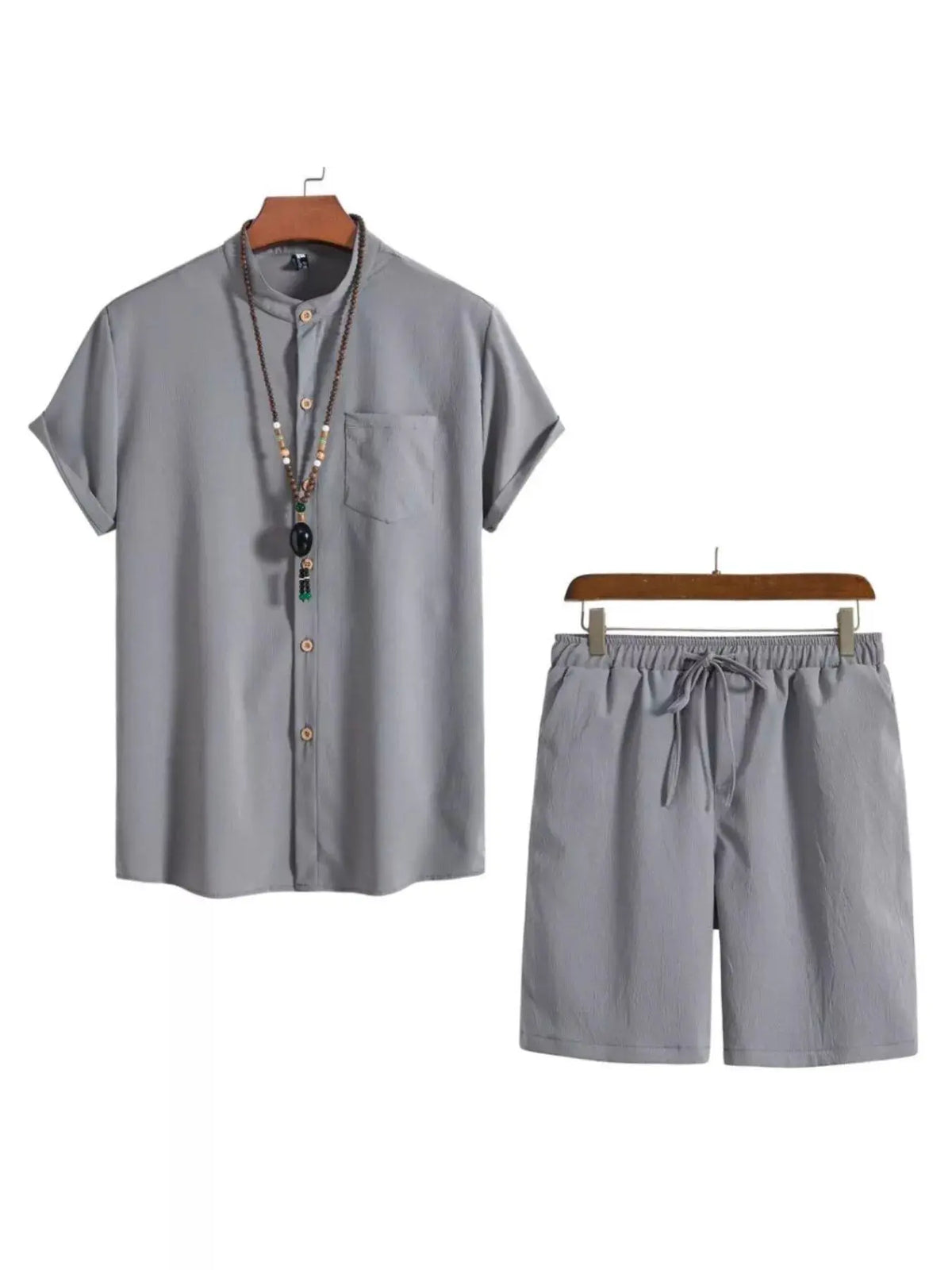 Plus size men's summer casual 2-piece button-front short-sleeve shirt and shorts set, gray, Trendsi