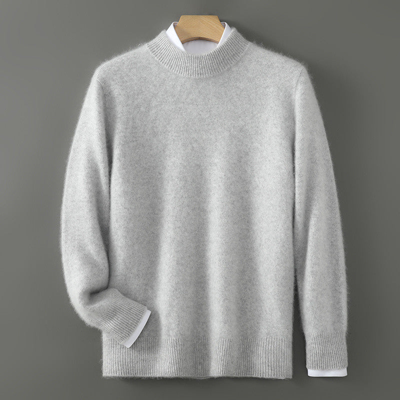 New Men's Sweater, gray knit on hanger; soft, versatile knitwear for chilly days