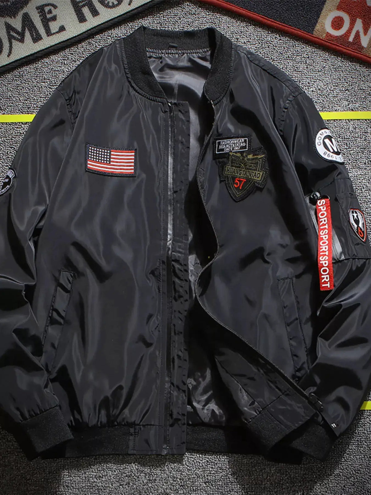 Men's plus-size bomber jacket, black nylon with military patches and US flag patch