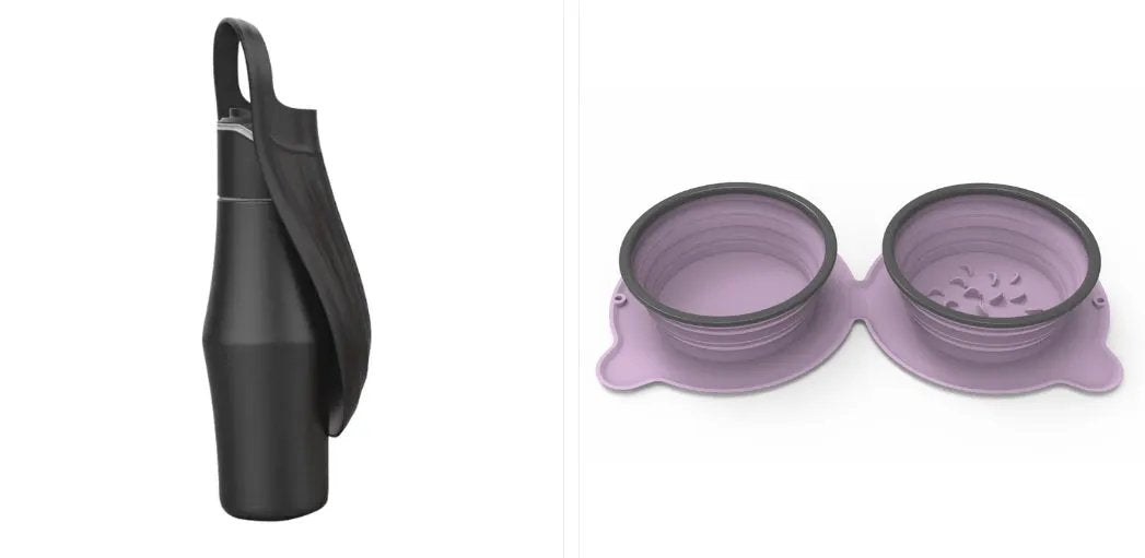 AdTec portable dog water bottle with strap and purple silicone dual-bowl dispenser, 2-item set.