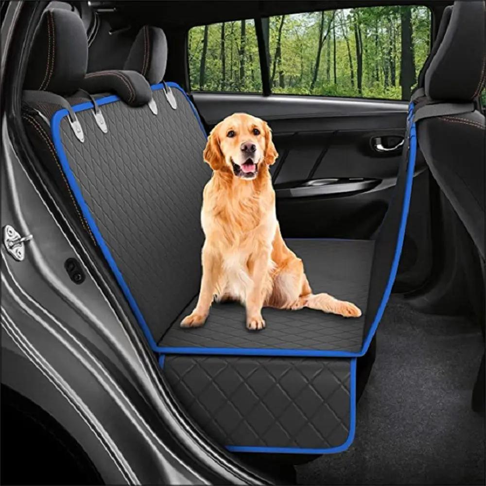 Dog car seat cover hammock in dark gray with blue trim; rear back seat protector with zipper and pocket