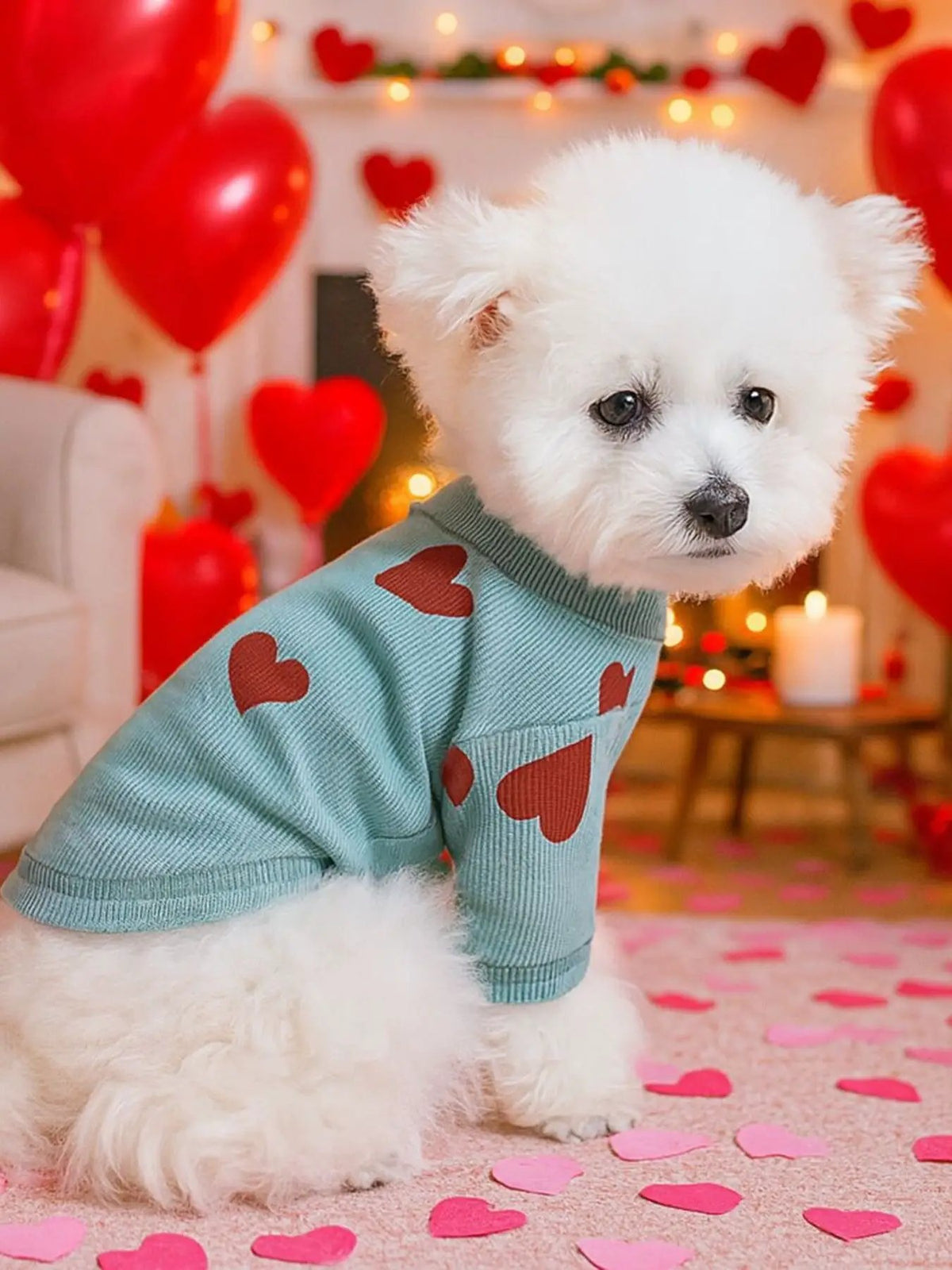 Heart Pattern Pet Sweater for dogs by Trendsi; teal knit with red hearts